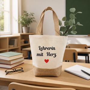 Sac fourre-tout moyen en jute avec motif cœur - Idée cadeau pour professeur pour les adieux et les remerciements de Noël, fermeture à tirette - Product Image 3