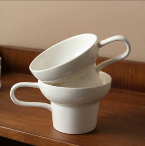 Ensemble de tasses à café en céramique blanche empilables, tasse à cappuccino minimaliste empilable avec poignée, vaisselle pour hôtel, café, restaurant, vente en gros - Product Image 6
