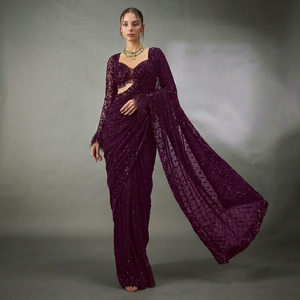 Soft Wine Sequin Lace <b>Saree</b> with Long Sleeve Blouse Indian & Pakistani Style Modern Wedding Outfit for Women Regular Length - Product Image 1