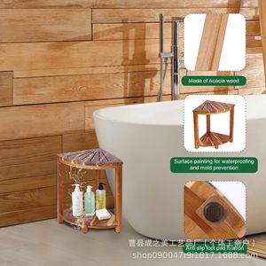 Cheng Zhi Mei Bamboo Wood Bathroom Stool Fan Shaped <b>Corner</b> Shelf Double Layer Storage <b>Rack</b> For Bathtub <b>Shower</b> Use - Product Image 5