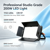 Luz LED Profesional de Estudio de 200W, CRI97, Temperatura de Color 3200K-5600K, Aleación de Aluminio, Voltaje Universal, Control DMX512 para Transmisión en Vivo