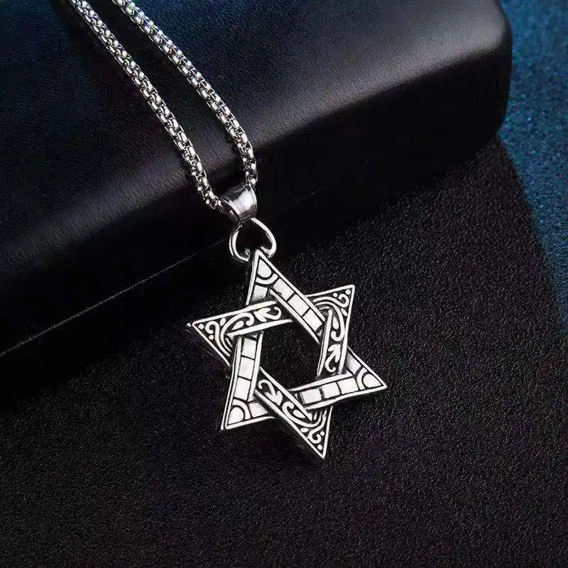 Fashion Stainless Steel Silver Color Religious Amulet Men Statement Israel Star of David Pendant Necklace