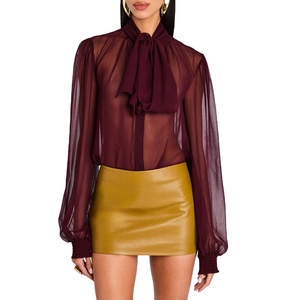 Wholesale Custom High Collar Knitted Top with Pussy Bow Sheer <strong>Blouse</strong> for Women Summer <strong>Smart</strong> Casual Wear - Product Image 1