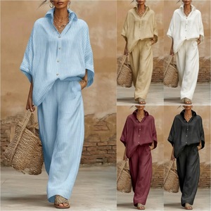 Conjunto de Dos Piezas para Mujer, <span class=keywords><strong>Camisa</strong></span> Informal de Lino con Botones, Pantalones Anchos de Cintura Alta, Conjunto Deportivo a Juego - Product Image 2