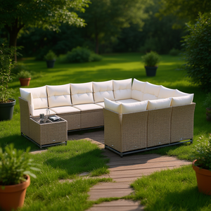 Large Garden <b>Sofa</b> Set In Beige Pe <b>Rattan</b> With Powder Coated Steel Frame Outdoor Furniture For Garden Seating Capacity 6 - Product Image 2