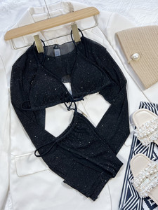 Traje de Baño Negro de Moda, Nuevo Modelo 2022, Top Corto de Manga Larga con Brillantina, Conjunto de <span class=keywords><strong>Bikini</strong></span> de 3 Piezas, Traje de Baño Sexy para Mujer - Product Image 2