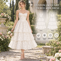 Robe midi pour femme OEM, jacquard floral, jupe à volants, bretelles spaghetti, col cœur, robe midi pour occasions spéciales