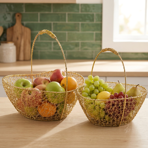Panier à fruits élégant en fil doré avec poignée, bol de rangement décoratif en métal pour fruits et légumes, pour comptoir de cuisine, table à manger, maison - Product Image 2