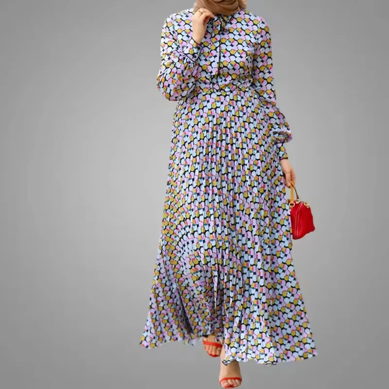 2024 Nieuwe Moderne Marokkaanse Stijl Kaftan Jurken Nieuw Model Abaya In Dubai 100% Polyester Geprinte Stijl Lange Mouwen Maxi Jurk