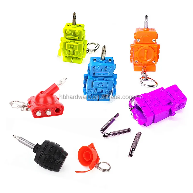 Funny 3 Piece Gift Promotion Robot Shape Case Key Ring Chain Screwdriver Bit Tool Set Mini Led Torch Screwdriver Tools Kit