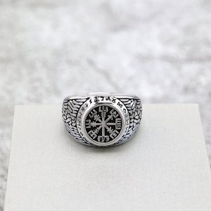 Retro Stainless Steel Men's <b>Ring</b> Viking Compass Runes Round Geometric Design Gift Jewelry - Product Image 3