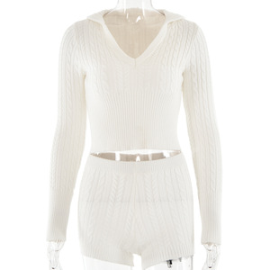 Women <b>Knitted</b> Crop Top Shorts <b>Set</b> Full Sleeve Solid Color Anti-Pilling Casual Suit Navel Exposed - Product Image 5