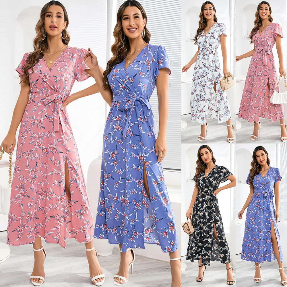 SCHÖNES TIPF sexy bohème V-Ausschnitt blumiger Gespaltrock Sommer 2024 Damen Übergröße chiffon-Kleid