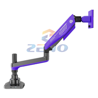 Support d'écran d'ordinateur incurvé Zeno Wholesale Purple Monitor Arm en métal, pivotant à 90 degrés, pour écrans de 17 à 42 pouces, avec lumière LED et hub USB