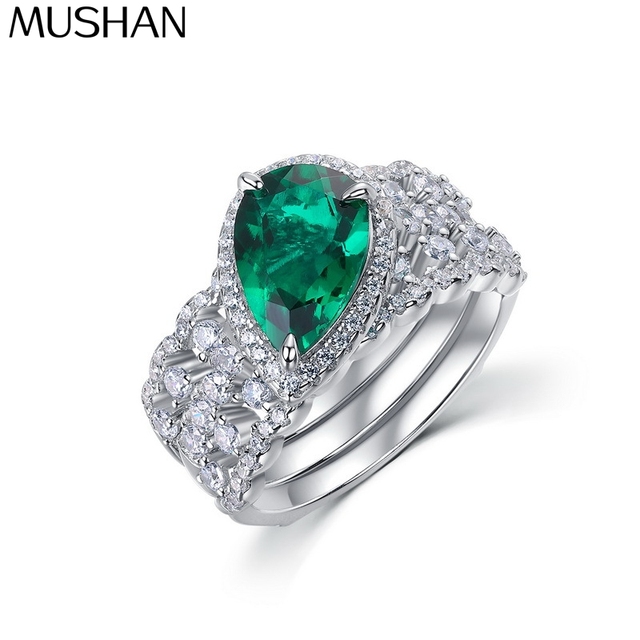 MuShan Designer Jewelry 925 Sterling Silver Ring Lab Grown Green Emerald Marquise Statement Ring for Women 18K Gold Plated Rings