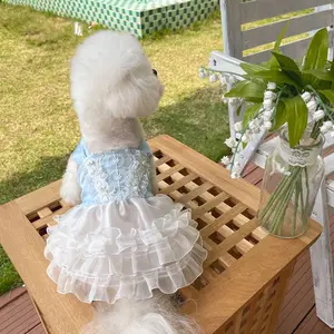 春夏の青いエレガントなペットのウェディングドレス犬のプリンセスドレス