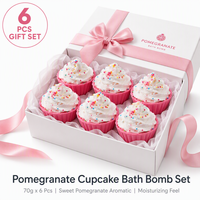 Set de 6 Bombas de Baño Artesanales Naturales con Aroma a Cupcake de Granada, Color Rosa y Blanco, con Espuma y Chispas, Hidratantes y Aromáticas, Marca Privada OEM
