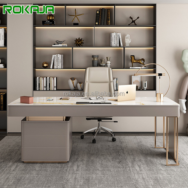 Modern Multifunctional Office Table With Drawers Rock Board Top Stainless Steel Leg Computer Study Desk Home Office Furniture