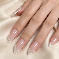 Faux ongles à presser personnalisés OEM, style amande, French manucure, ornés de perles, rose nude brillant, pour mariée, vente en gros et en vrac