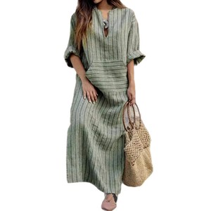 Robe longue en coton et lin pour femmes, grande taille, tendance, avec poches, rayée, coupe ample en forme de H, nouvelle arrivée été-printemps - Product Image 5