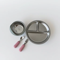 8 "en acier inoxydable Silicone bébé assiette bol cuillère fourchette ensemble confortable Silicone aspiration enfants à manger vaisselle pour enfants pour enfants