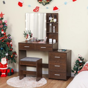Moderno Espejo con Iluminación LED, Tocador con Cajones <span class=keywords><strong>de</strong></span> Madera y Enchufe, Mesa <span class=keywords><strong>de</strong></span> <span class=keywords><strong>Maquillaje</strong></span> para Dormitorio o Baño - Product Image 1