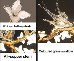 Lampadario a sospensione di lusso in rame con cristalli, a forma di ramo, con uccelli, giardini e orchidee, per ristoranti e decorazioni domestiche, 125 cm - Product Image 3
