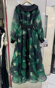 Abito Lungo Elegante da Donna Nero con Stampa Foglie Verdi, Colletto <span class=keywords><strong>Peter</strong></span> Pan, Maniche Lunghe, Cintura con Fiocco, Vestito Fluido per Vacanze e Feste - Product Image 3