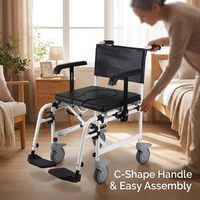 Chaise de toilette pliante élargie en aluminium RAFU RF4212A avec poignée en C, roulettes à frein de 5 pouces, accoudoirs réglables KS et cadre thermolaqué