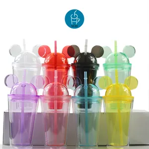 Vasos de plástico acrílico transparente con forma de oreja de ratón para niños, vasos con pajita, tapa de cúpula, dibujos animados, 16 OZ, regalos promocional, 2023