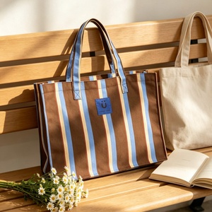 Bolsa de Mano de Algodón a Rayas con Impresión Personalizada, Bolsas de Compras Reutilizables, Bolsos de Mano para Mujer, Bolsas de Supermercado con Logotipo - Product Image 4