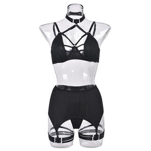 Set pakaian dalam wanita jaring grosir Set Lingerie Harness Solid seksi thong & v-string 3 potong tali hitam - Product Image 4