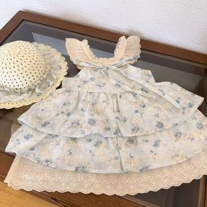 Cherry Blossom Floral Dress For Girls Pink With Hat Halter Neck Cotton Summer Dress Flower Girl Dress - Product Image 4