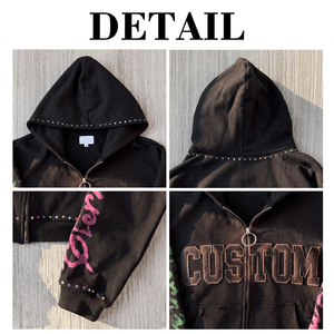 เสื้อฮู้ดดี้ผ้าฝ้าย 100% สไตล์วินเทจฟอกสีแบบแอซิดวอช แต่งลายปักแบบแอพพลิเค ทรงโอเวอร์ไซส์สำหรับผู้ชาย แบบซิป แต่งคริสตัล - Product Image 6