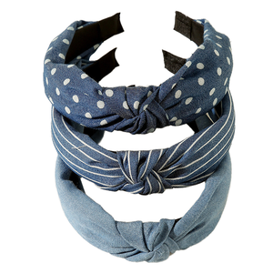Bandeau pour femme en denim vintage à motif géométrique, large de 13 cm, bord ondulé, accessoires pour cheveux en tissu, usage quotidien - Product Image 1