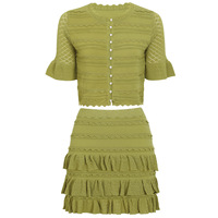 Ensemble élégant en nylon respirant pour femme, couleur unie, avec col perlé, manches courtes, jupe mini à volants superposés, plissée et ajourée
