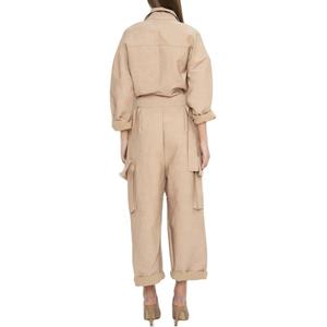 ชุดสูทลำลองผู้หญิงแบบสองชิ้นสั่งทำจากโรงงาน เสื้อเชิ้ตติดกระดุมสองกระเป๋า กางเกงคาร์โก้ขายาวทรงกว้าง ชุดผ้าลินินสำหรับผู้หญิง - Product Image 2