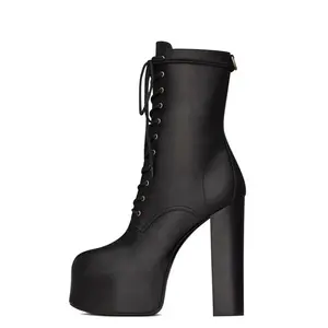 Sexy Platform High Short Boots Black Chunky Heel Lace Up Booties for Ladies and Women