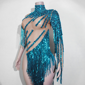 Justaucorps sirène <span class=keywords><strong>Aqua</strong></span> Glamour turquoise à sequins et franges découpées pour la danse de salon, la danse latine, la samba, les spectacles sur scène et les divas - Product Image 5