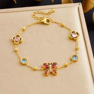 Butterfly Flower Gold Plated Bracelet With Green Stones And Clear Crystals For Women Gift Jewelry - Product Image 2