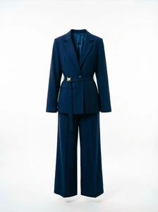 Costume formel de luxe <span class=keywords><strong>bleu</strong></span> <span class=keywords><strong>marine</strong></span> <span class=keywords><strong>pour</strong></span> <span class=keywords><strong>femme</strong></span>, blazer boutonné avec ceinture, <span class=keywords><strong>pantalon</strong></span> plissé à jambes larges <span class=keywords><strong>pour</strong></span> invitée de <span class=keywords><strong>mariage</strong></span> ou tapis rouge - Product Image 2