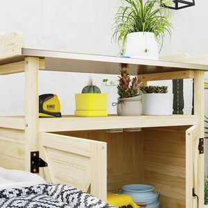 For Outdoor <b>Wooden</b> Potting Table Garden Workstation <b>Storage</b> Cabinet Aluminum Top Rubber Wheels Backyard Patio Balcony - Product Image 6