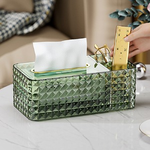 Caja de pañuelos de lujo con soporte para control remoto, organizador de escritorio multifuncional, diseño transparente de cristal verde y blanco - Product Image 5