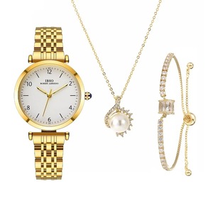 Ensemble de bijoux pour femme tendance : Montre minimaliste dorée à quartz en acier inoxydable résistante à l'eau et collier avec pendentif perle - Product Image 3