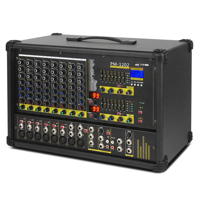 XTUGA PM1202 300Watt 10 Channels Powered Audio Mixer Amplifier with MP3/USB/SD Player 99 Digital Effects XLR Inputs