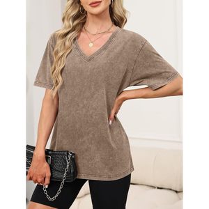 T-shirt surdimensionné à col en V pour femme FOXA, manches courtes, en coton, style vintage, décontracté, basique, respirant, en jersey, pour l'été - Product Image 3