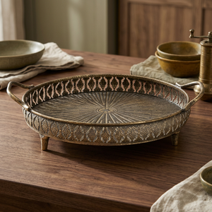 Plateau de service ovale vintage décoratif gravé en métal avec poignées, pour thé, café, desserts – Vaisselle de luxe pour la maison, le bar et les mariages - Product Image 4