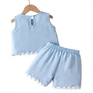 Girls Blue Short Sleeve Top Shorts Set Cute Style Solid Comfortable Breathable Non-Stretch Polyester/Cotton Two Piece Outfit - Product Image 2