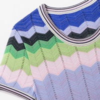 Robe midi en tricot bleu-vert à chevrons personnalisée pour femmes, col rond, manches courtes, coupe évasée, OEM ODM