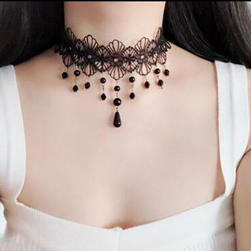 Halsband / Choker Kant Zwart met Kralen en Bloemen Kopen
